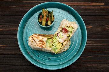 Roll with shrimp and avocado in lavash