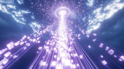A futuristic river of glowing cubes flowing vertically into an enormous vortex in the sky