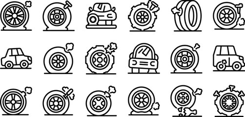 Punctured wheel icons set. Set of flat tire icons featuring various stages of tire damage, repair, and replacement, emphasizing car maintenance and roadside assistance