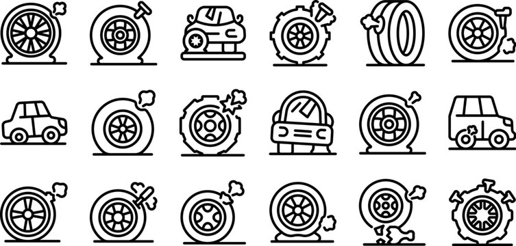 Punctured wheel icons set. Set of flat tire icons featuring various stages of tire damage, repair, and replacement, emphasizing car maintenance and roadside assistance