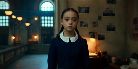 A little girl in school uniform and two ponytails walking through the corridor of a boarding school with no expression or tiredness in face at night cinematic generative AI