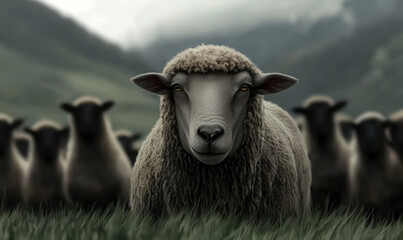 Fototapeta premium Serene Landscape with Sheep Grazing Peacefully in Rolling Green Pastures Amidst Majestic Valleys and Lush Meadows