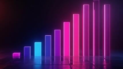 Digital bar graph with neon tones showing upward financial trends