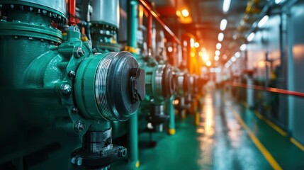 Fototapeta premium A dynamic close-up view of pipes and pumps illuminated by dramatic lighting effects, emphasizing the beauty of industrial design and the interplay of light and shadow.
