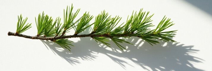 Fototapeta premium Single Pine Branch with Vivid Green Needles Casting Soft Shadow