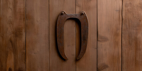 Rustic metal horseshoe shape on wooden background.  Perfect for vintage, western, or rustic designs.