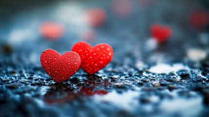 Obraz premium Two red hearts covered with water droplets resting on wet asphalt