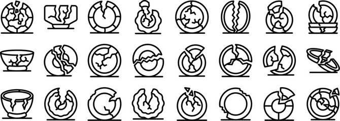 Broken plates icons set. Different types of broken crockery symbolizing damage, accidents, or material loss