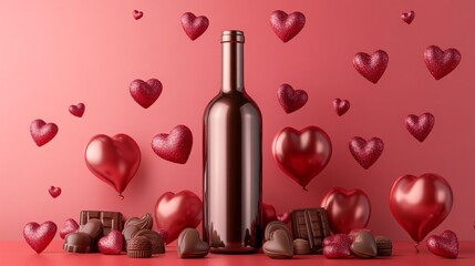 A shimmering metallic chocolate wine bottle surrounded by clusters of heart-shaped balloons and chocolates, on a soft gradient red background