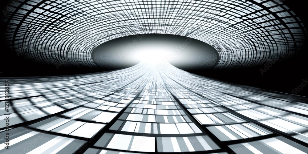 Poster abstract checkered tunnel with fast moving data stream converging to bright light at the end, concep