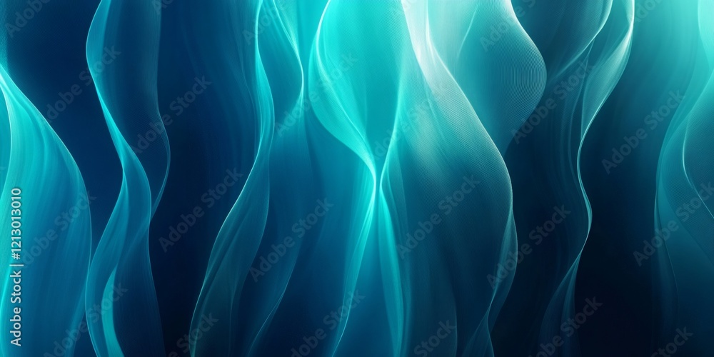 Poster turquoise waves flowing on dark blue background creating an abstract and elegant design, ideal for b
