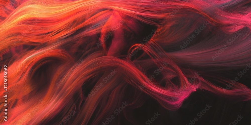 Poster abstract digital art representing red and orange waves flowing on a dark background, creating a mesm