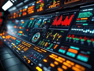 Futuristic Control Panel Displays Data Streams with Dynamic Charts and Graphs, Showing Real-Time Information and Complex Visualizations, Featuring Orange