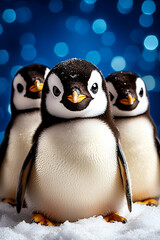 Naklejka premium Three adorable penguin chicks stand together on a bed of snow, with a sparkling blue background creating a charming winter scene.