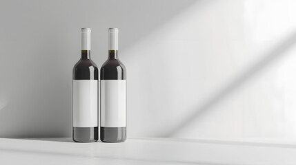 Two wine bottles with blank labels standing on a white table near a window, casting shadows in soft light