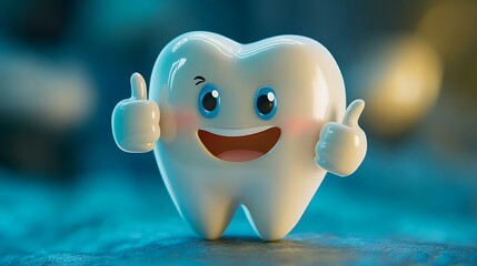Smiling cartoon tooth giving thumbs up promoting dental hygiene