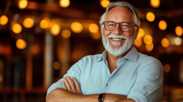 A confident older man with glasses and crossed arms poses for the camera, displaying a strong sense of self-assuredness and approachability in a lively setting.