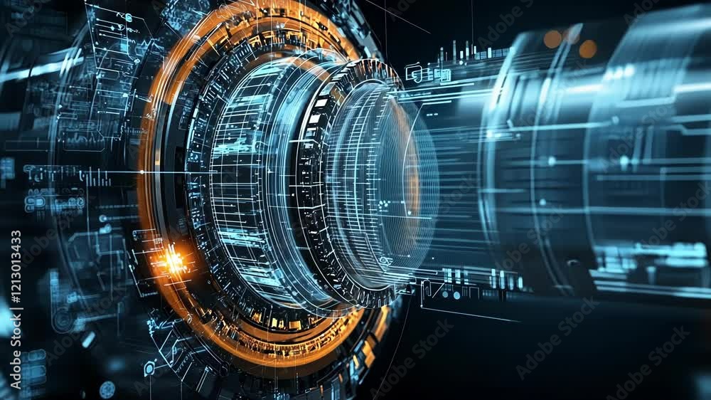 Poster complex digital information flows through a futuristic engine rotating smoothly, showcasing advanced