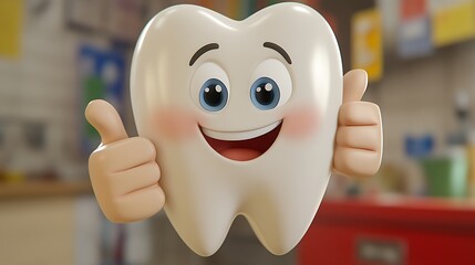 Cheerful cartoon tooth giving a thumbs up promoting dental care