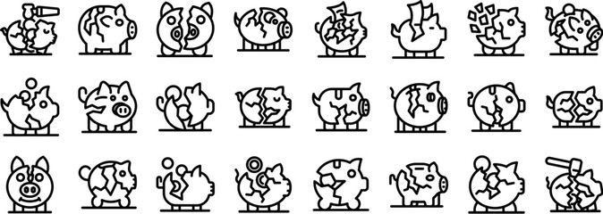 Broken piggy bank icons set. Set of broken piggy bank icons depicting economic hardship, savings loss, and financial crisis