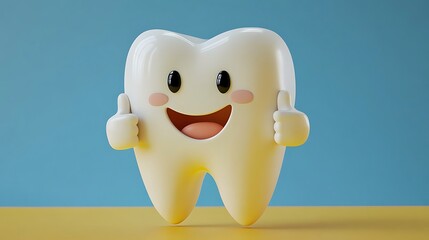 Fototapeta premium Cartoon tooth smiling and giving thumbs up for good dental hygiene
