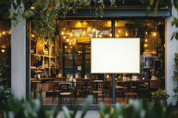 Obraz premium Mockup billboards or white promotion poster displayed on the front of the restaurant, coffee shop Promotion information for marketing announcements and details, Generative AI