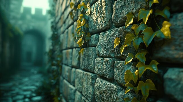 Ivy on castle wall, misty path to gate.