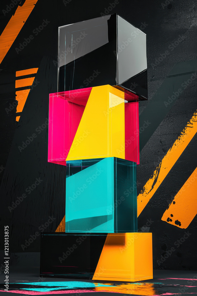 Poster vibrant geometric stacked blocks: an abstract design of modern art with dynamic colorful composition