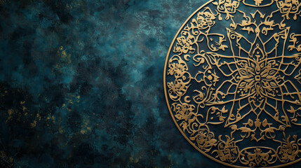 Obraz premium Golden mandala ornament resting on textured teal background with copy space