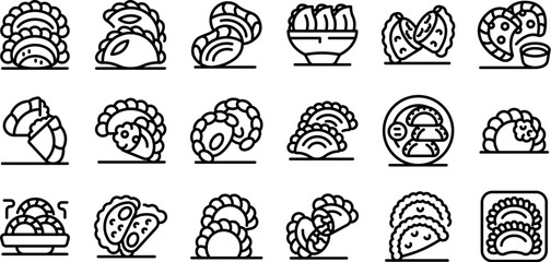 Curry puffs icons set. Chefs preparing and serving delicious dumplings, empanadas, and other savory pastries
