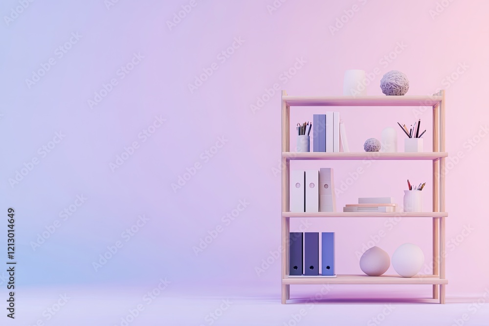 Poster 3d render of minimalist bookshelf filled with office supplies and decorative items displayed against
