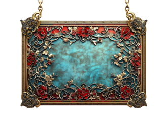 An ornate, rectangular sign with red roses, gold trim, and a textured blue center hangs from gold chains, isolated on a transparent background.