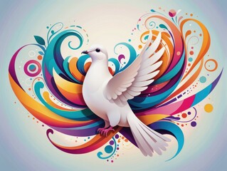 Obraz premium A white dove with colorful abstract swirls and patterns in the background