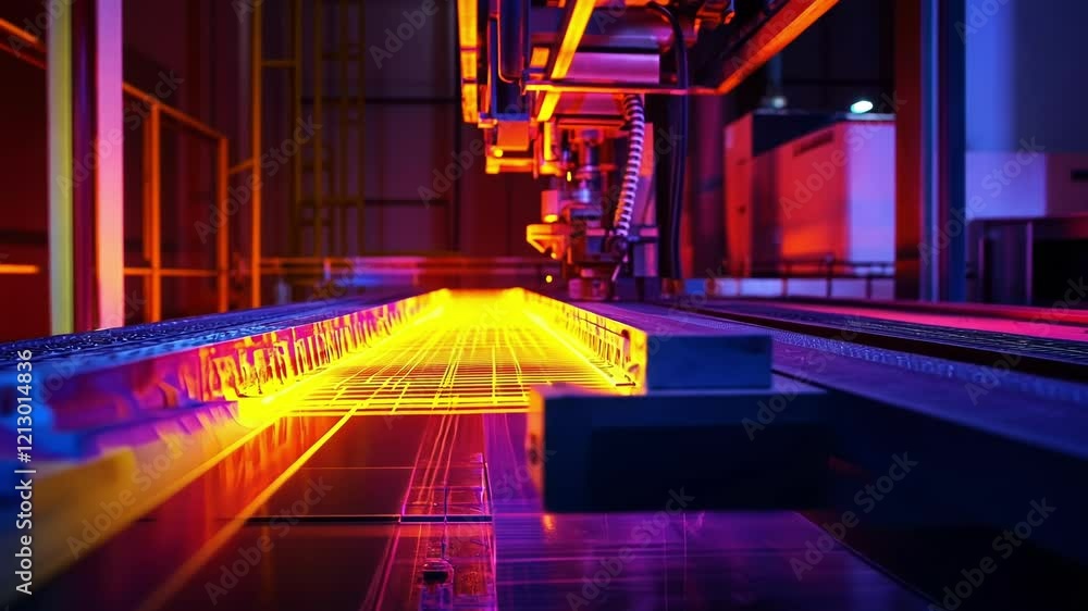 Poster automated industrial robotic arm processing material on an illuminated production line in a modern f