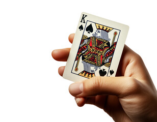 A hand holds the King of Spades playing card, displayed against a transparent background.