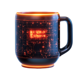 A dark mug with a glowing circuit board design is isolated on a transparent background.