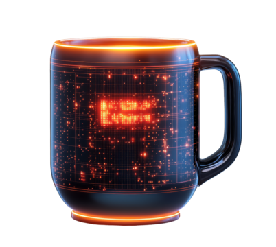 A dark mug with a glowing circuit board design is isolated on a transparent background.