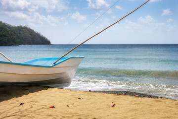 Close-up of a white fishing boat with blue accents on a sandy beach, gentle waves, and turquoise...