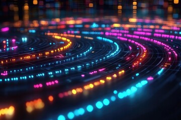 Obraz premium Abstract Neon Lights Flowing in Circular Patterns: A Visual Journey Through Data Streams and Digital Aesthetics, Exploring Futuristic Technology and Network Connections.
