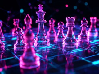 Illuminated glass chess pieces in pink and blue colors on a futuristic digital board