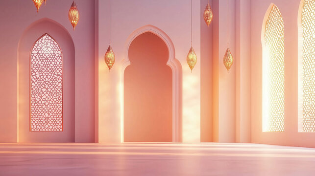 Islamic arch illuminating pink mosque interior at sunrise