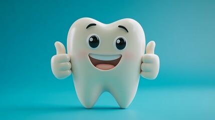 Smiling cartoon tooth showing thumbs up promoting oral hygiene