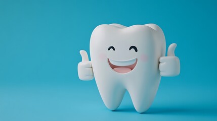 Smiling cartoon tooth showing thumbs up promoting oral hygiene