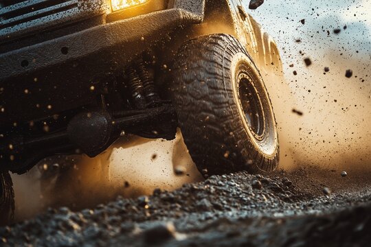 4x4 Wheels Kicking Up Dirt and Gravel Off-Road