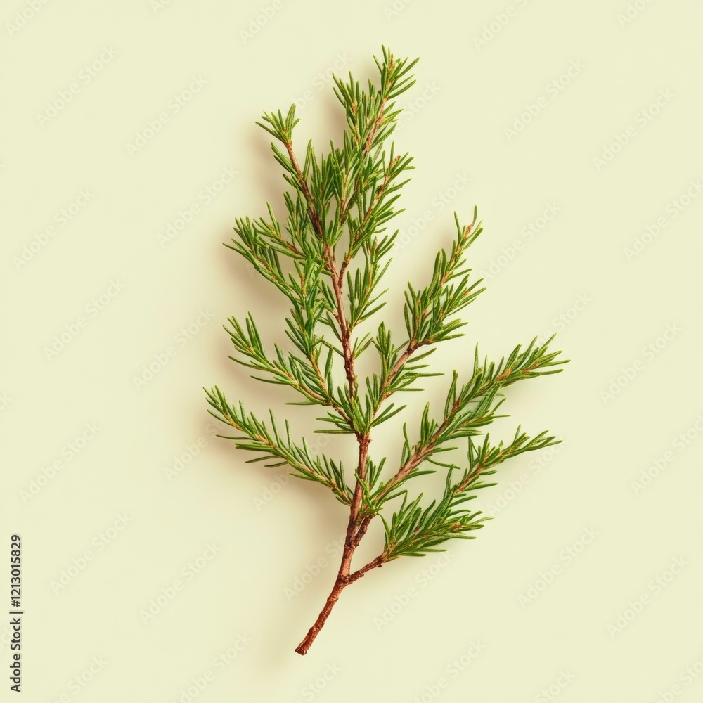Poster vibrant green juniper twig isolated with soft shadows on background