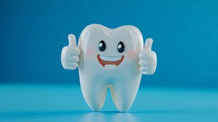Cartoon tooth giving a thumbs up promoting dental hygiene and care