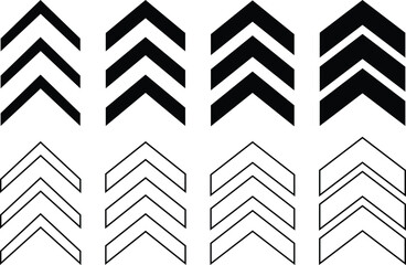 Arrow chevron doodle icon in flat, line set graphic design Vector for apps or web Triple chevrons pointing right thickness road caution, military, navigation signs isolated on transparent background