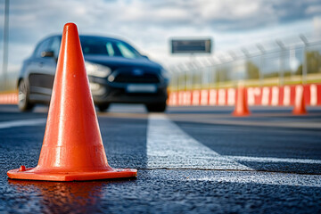 Driving school setup with a car and traffic cones an orange cone designated for driver training at a racetrack