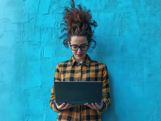 Woman with curly hair using a laptop against a vibrant blue wall