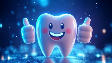 Cartoon tooth with a bright smile promoting dental care with thumbs up